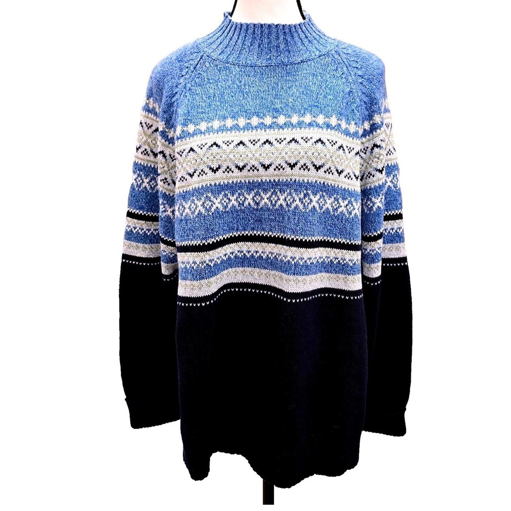 Vintage 1990s Cabin Creek Womens XL Fair Isle Mock Neck Sweater Blue Nordic Knit